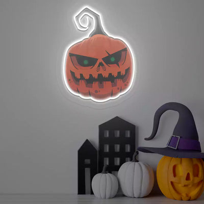 Menacing Pumpkin Neon Artwork | White