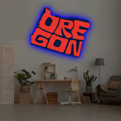Oregon map backlit metal wall art vinyl print with RGB color changing LED backlight