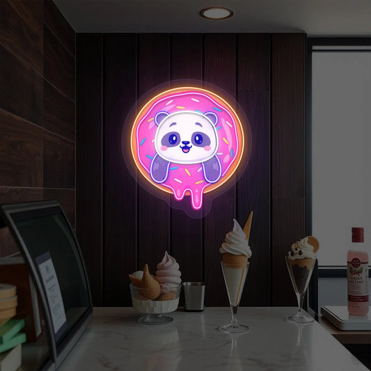 Cute Panda In The Donut Artwork Neon Sign