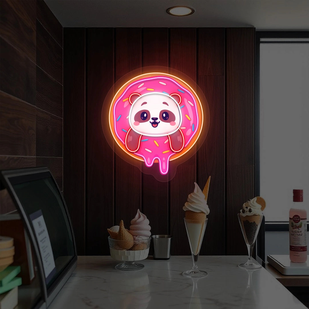 Cute Panda In The Donut Artwork Neon Sign