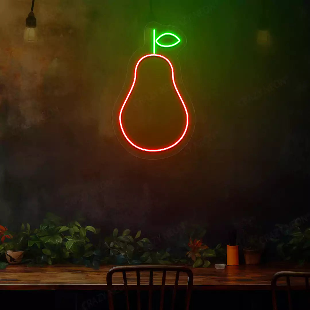 Pear neon sign in red and green