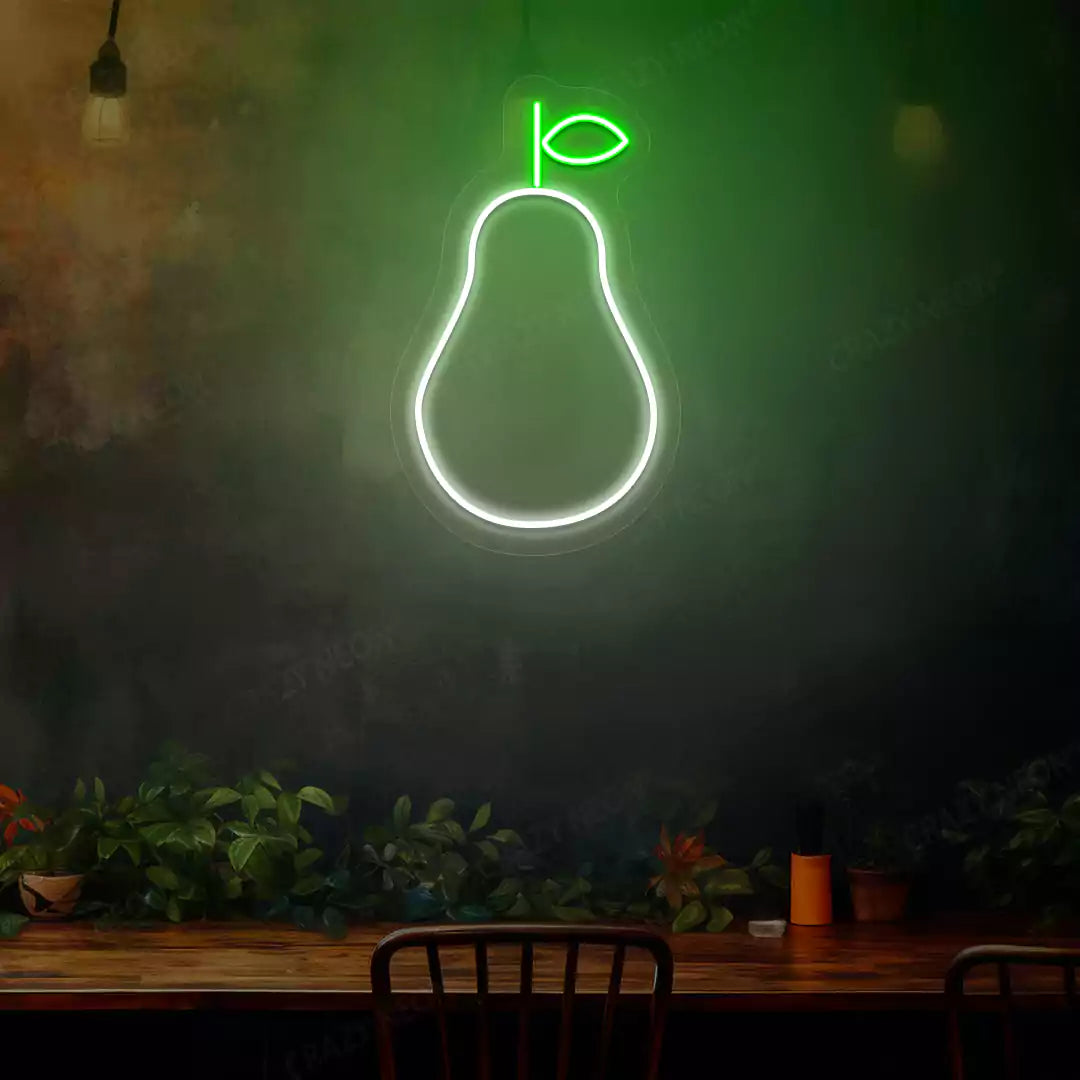 Pear neon sign in white and green