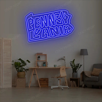 PENNSYLVANIA Map Neon Sign lighting up in blue color in a room