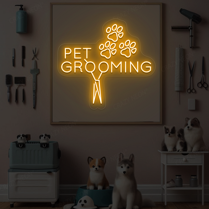 Pawsome Pet Grooming Open Neon Sign | Orange
