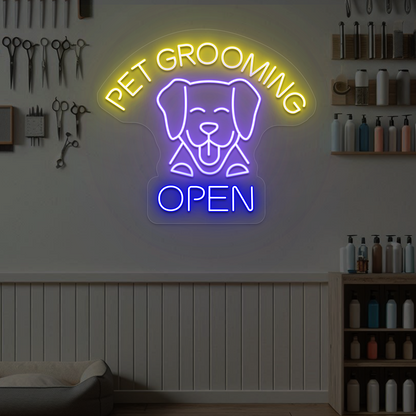 Pet Grooming Open Neon Sign | Purple