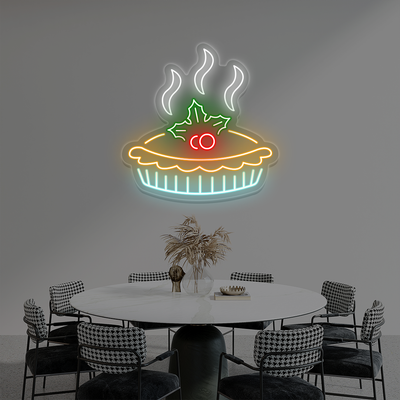 Christmas pie neon sign with holly and steam