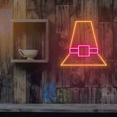 Pilgrim hat neon sign in orange and pink