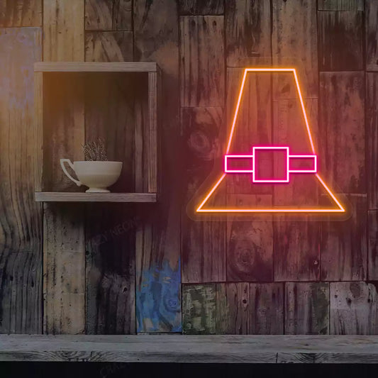 Pilgrim hat neon sign in orange and pink