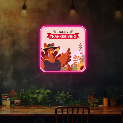 Turkey pilgrim happy thanksgiving neon sign in pink