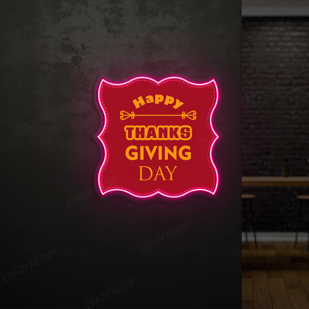 Grateful greetings happy thanksgiving day neon sign in pink