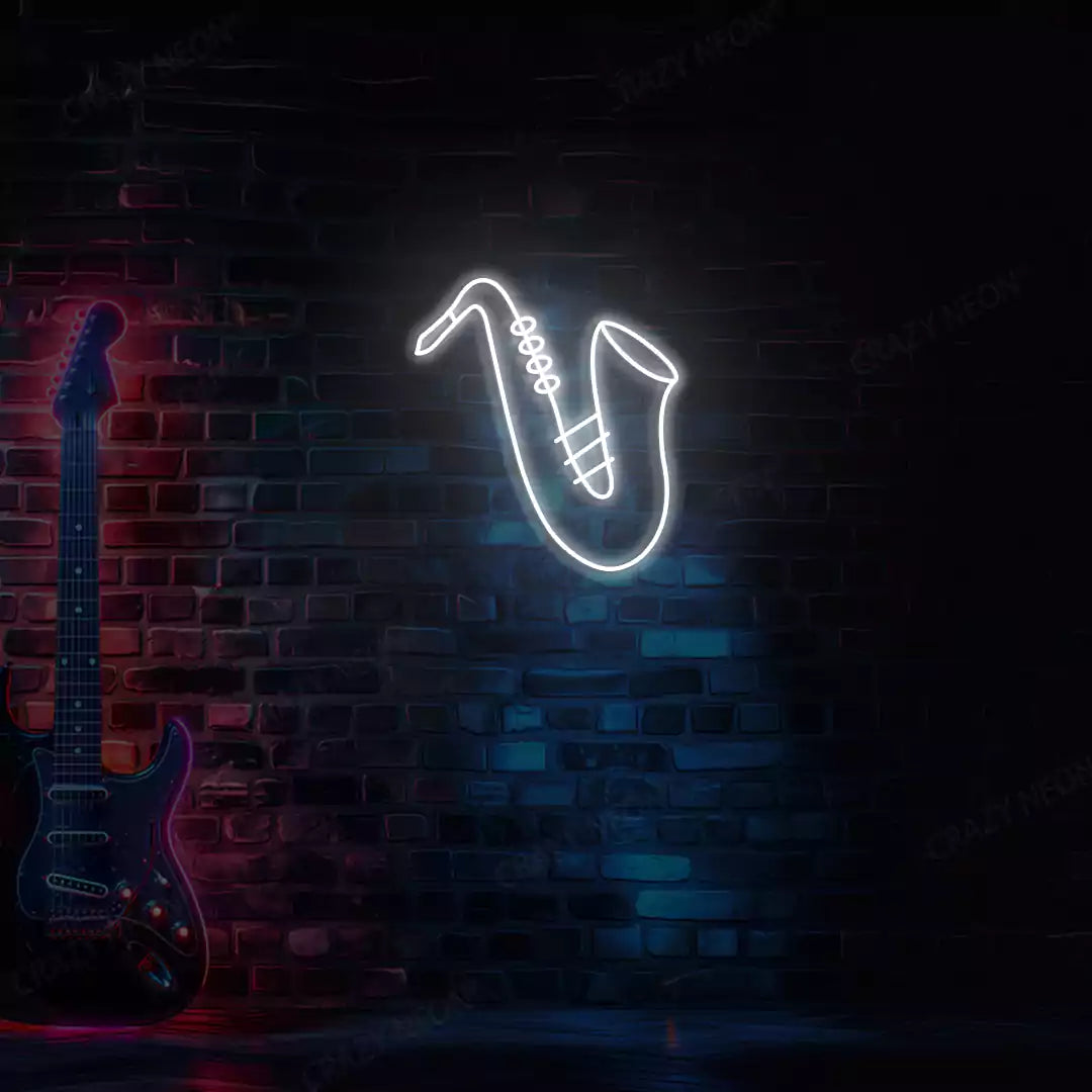 white saxophone neon sign mounted on a wall