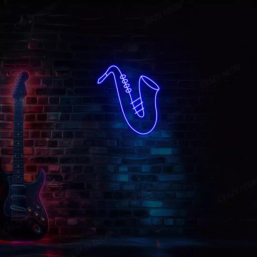 blue saxophone neon sign mounted on a wall