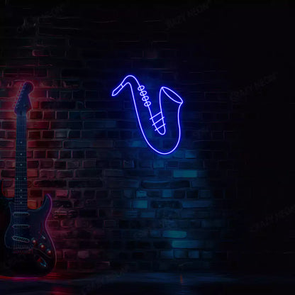 blue saxophone neon sign mounted on a wall