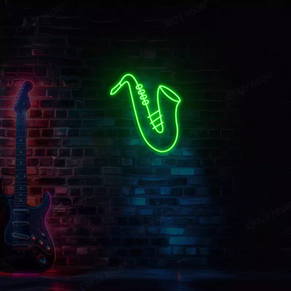 green saxophone neon sign mounted on a wall