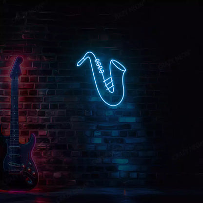 ice blue saxophone neon sign mounted on a wall