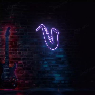 purple saxophone neon sign mounted on a wall