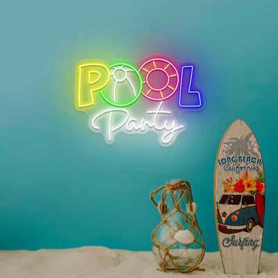 multi color pool party neon sign mounted on a wall
