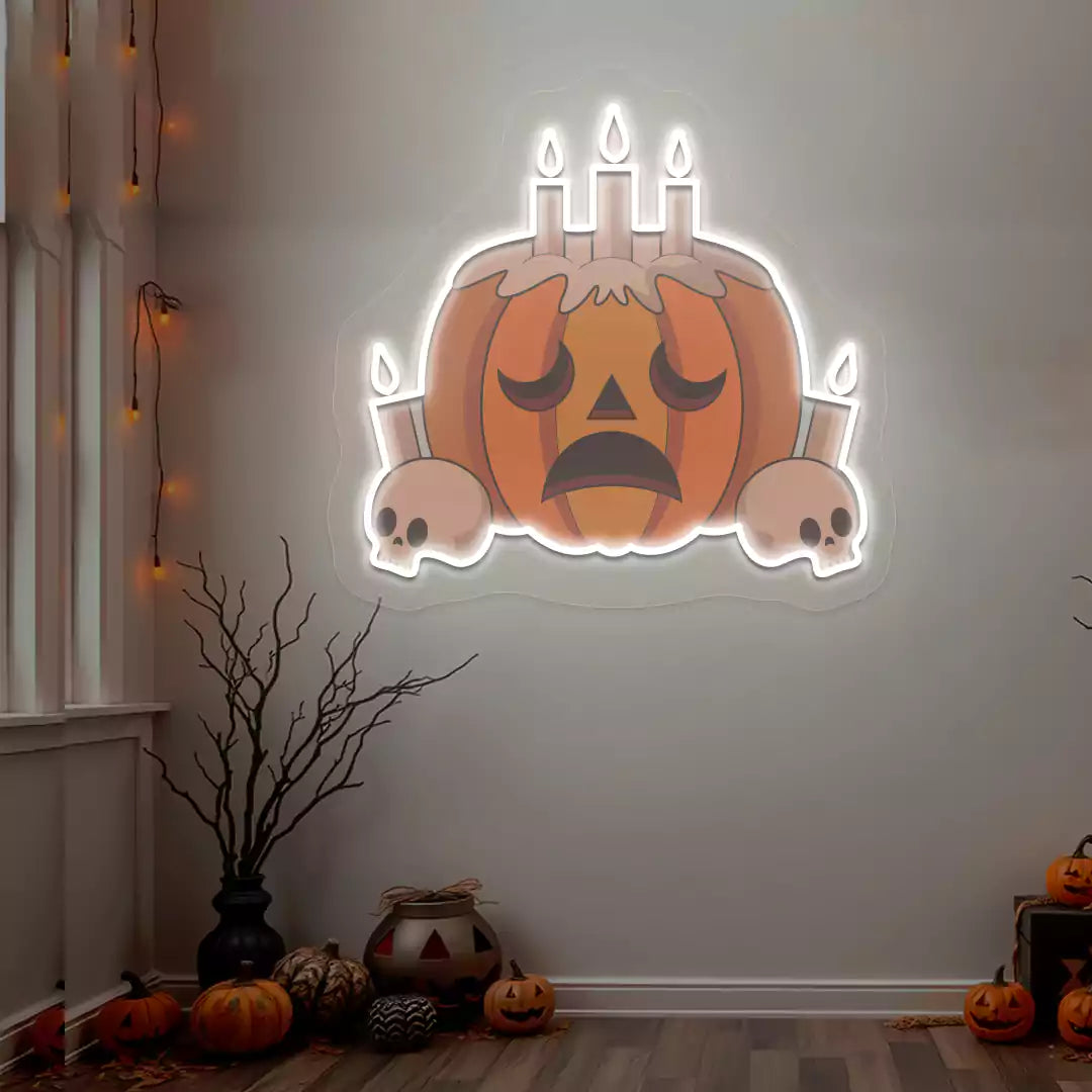 Melancholy Pumpkin Candle Neon Artwork | White