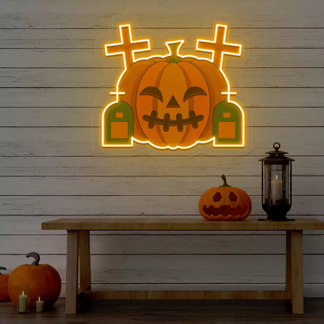 Haunted Graveyard Pumpkin Neon Artwork | Orange