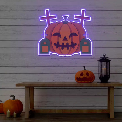 Haunted Graveyard Pumpkin Neon Artwork | Purple