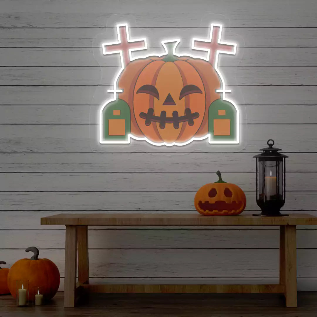 Haunted Graveyard Pumpkin Neon Artwork | White