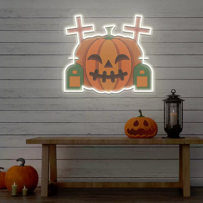 Haunted Graveyard Pumpkin Neon Artwork | Warmwhite