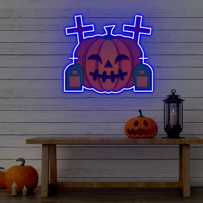 Haunted Graveyard Pumpkin Neon Artwork | Blue