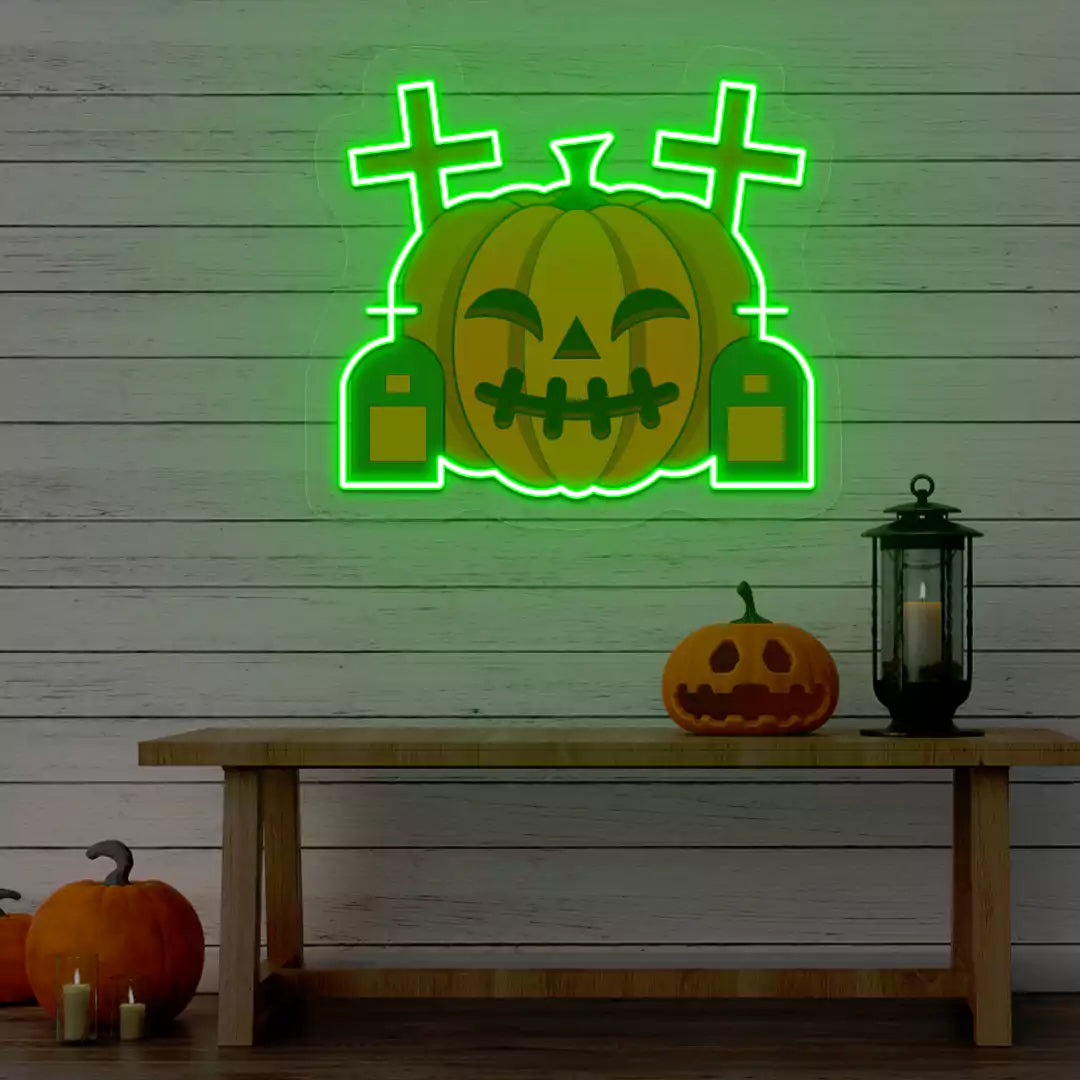 Haunted Graveyard Pumpkin Neon Artwork | Green