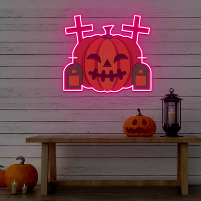 Haunted Graveyard Pumpkin Neon Artwork | Red