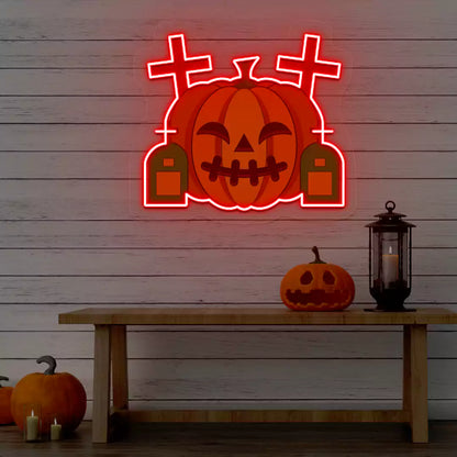 Haunted Graveyard Pumpkin Neon Artwork | Red