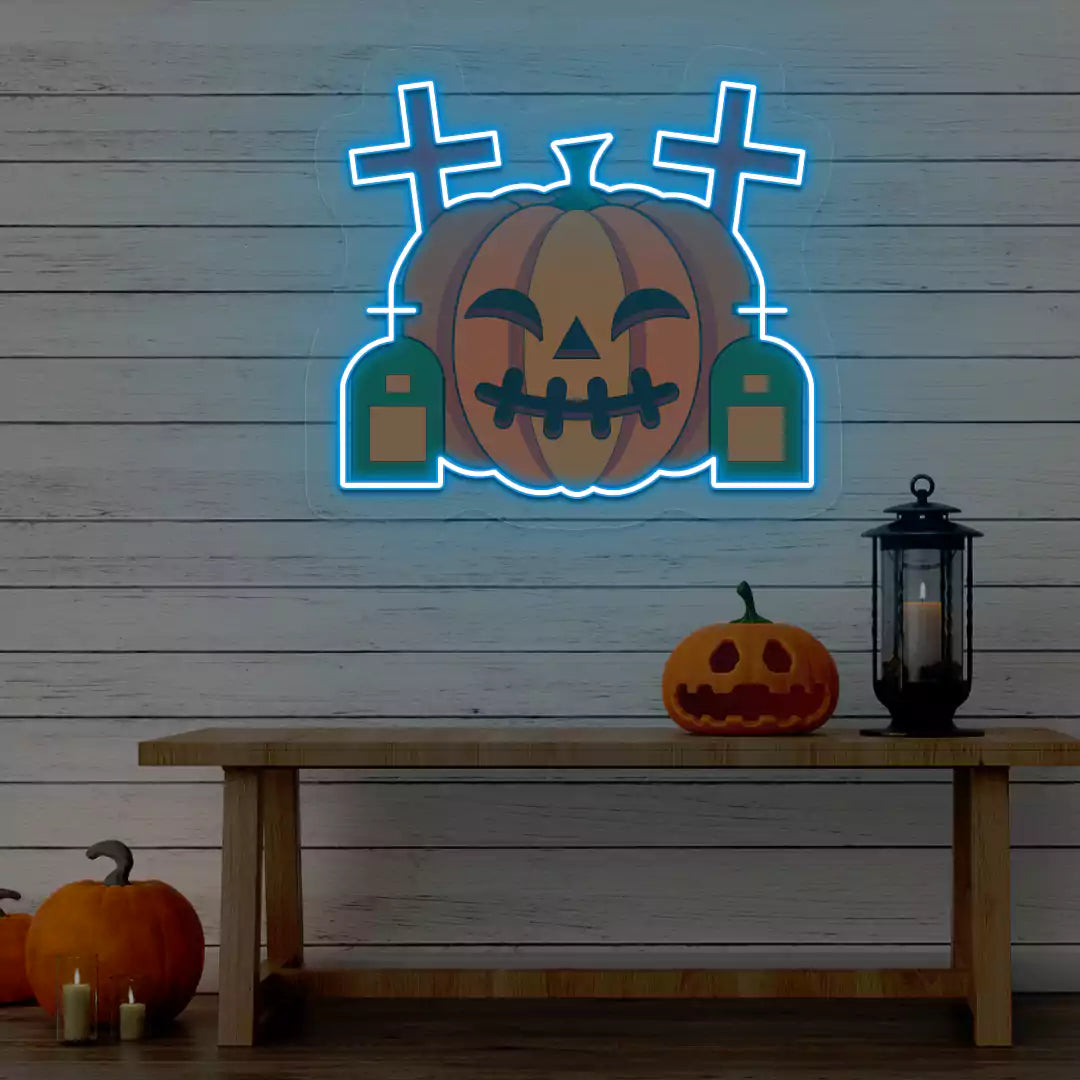Haunted Graveyard Pumpkin Neon Artwork | Iceblue