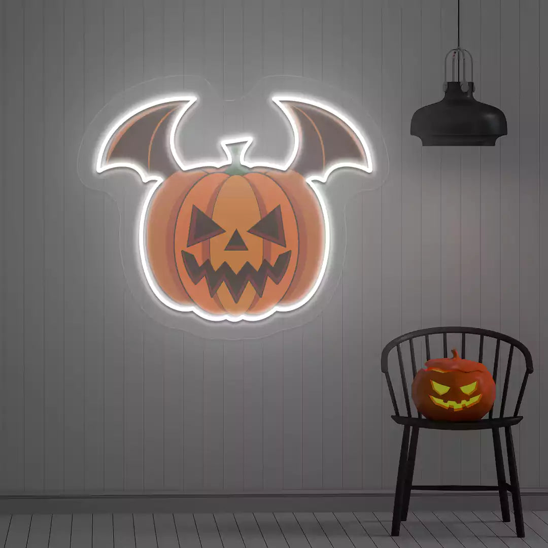 Batwing Pumpkin Neon Artwork | White