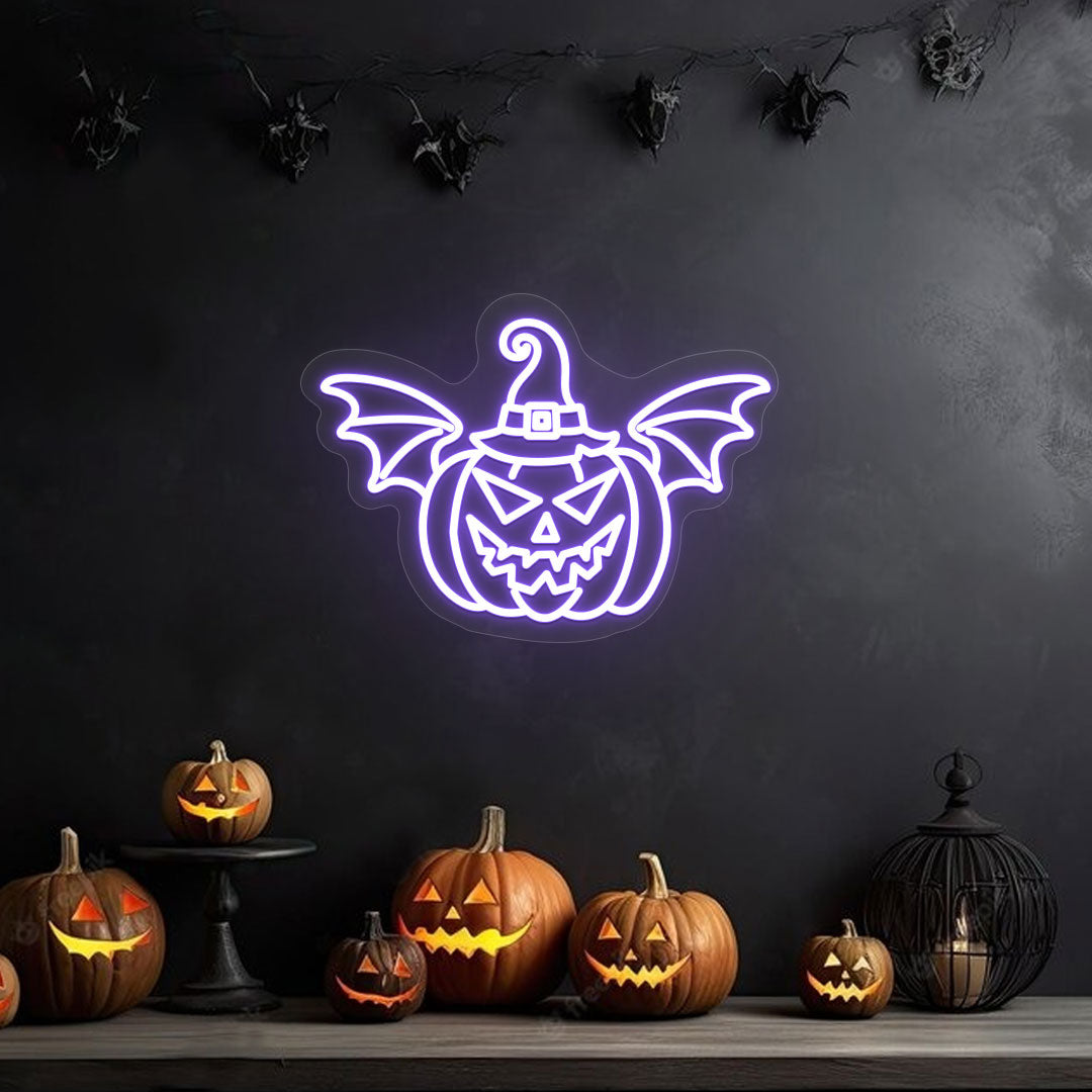 Scary Pumpkin With Hat And Wings Neon Sign | CNUS017640