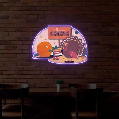 Thanksgiving turkey and pumpkin feast neon sign in purple