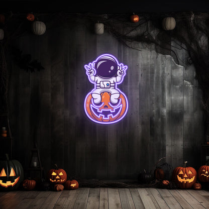 Astronaut On Pumpkin Neon Artwork | Purple