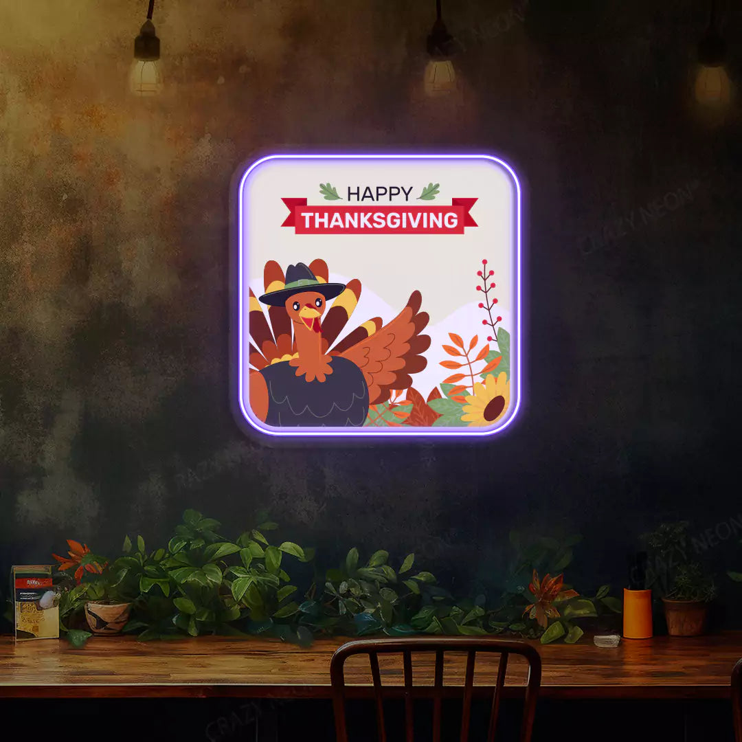 Turkey pilgrim happy thanksgiving neon sign in purple