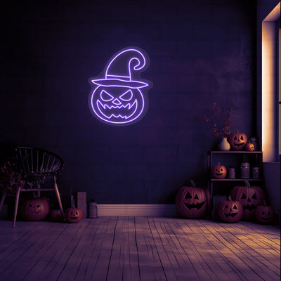 Angry Pumpkin With Hat Neon Sign | Purple