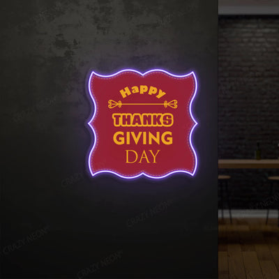 Grateful greetings happy thanksgiving day neon sign in purple