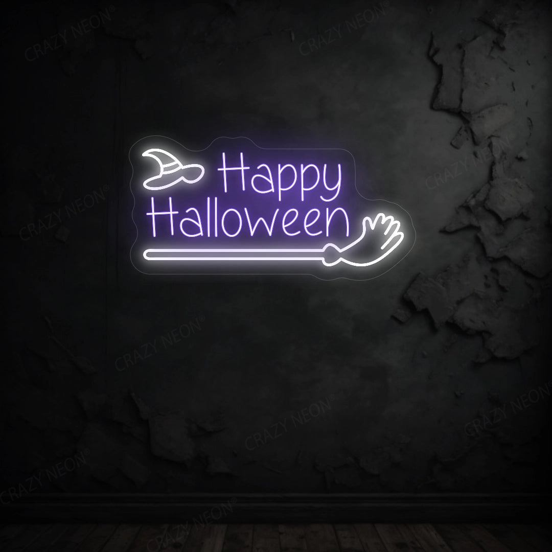 Happy Halloween with Broom Stick LED Neon Sign | Purple