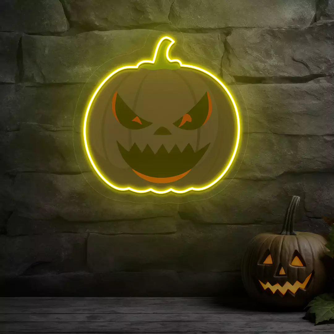 Sinister Purple Pumpkin Neon Artwork | Yellow