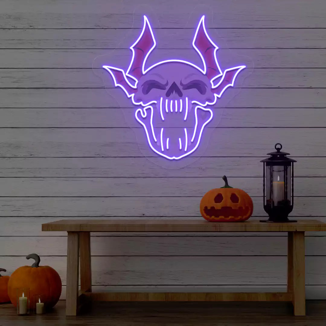 Demonic Bat Skull Neon Artwork | Purple