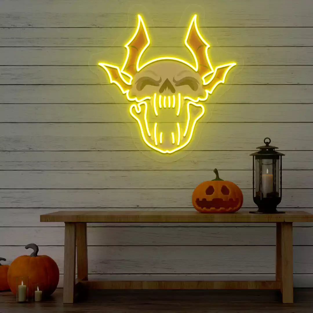 Demonic Bat Skull Neon Artwork | Yellow