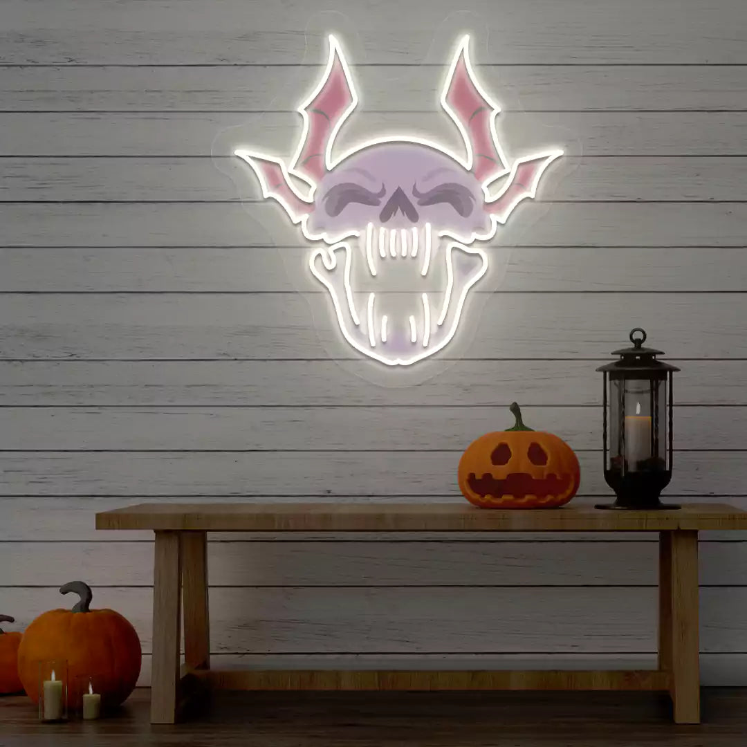 Demonic Bat Skull Neon Artwork | White
