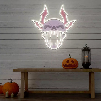 Demonic Bat Skull Neon Artwork | White