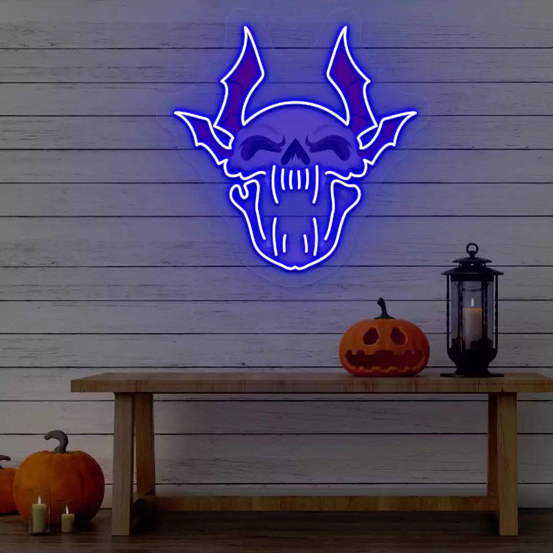 Demonic Bat Skull Neon Artwork | Blue