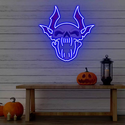 Demonic Bat Skull Neon Artwork | Blue