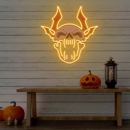 Demonic Bat Skull Neon Artwork | Orange