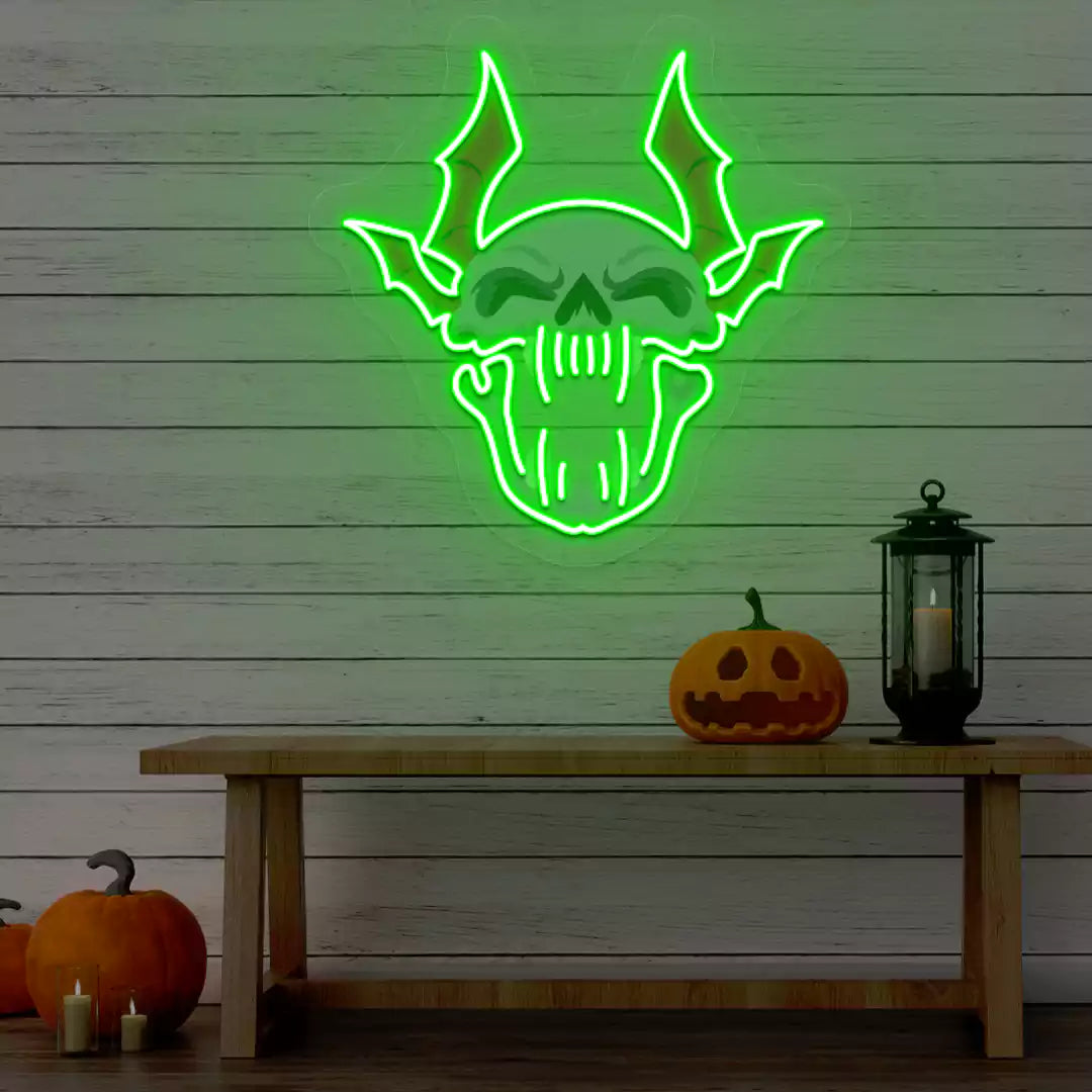 Demonic Bat Skull Neon Artwork | Green