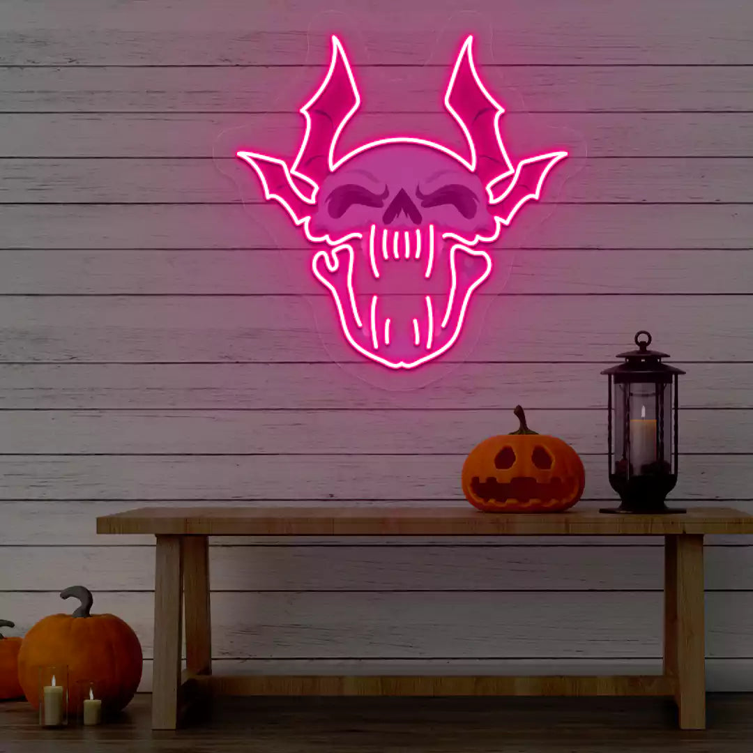 Demonic Bat Skull Neon Artwork | Pink