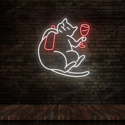 Cat Drinking Wine Multicolor Neon Sign | Red